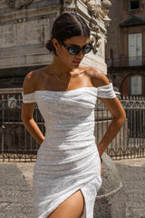 Bmbridal Schulterfrei White Hochzeit Dress Sequins Meerjungfrau Stil With Slit