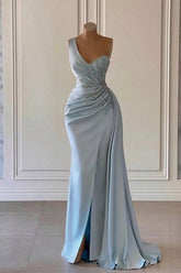 Dusty Blue Ein Schulter Long Glitter Evening Dresses