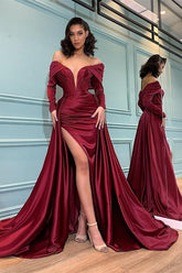 BMbridal Burgundy Long Sleeve Prom Dress Split Schulterfrei Party Gowns