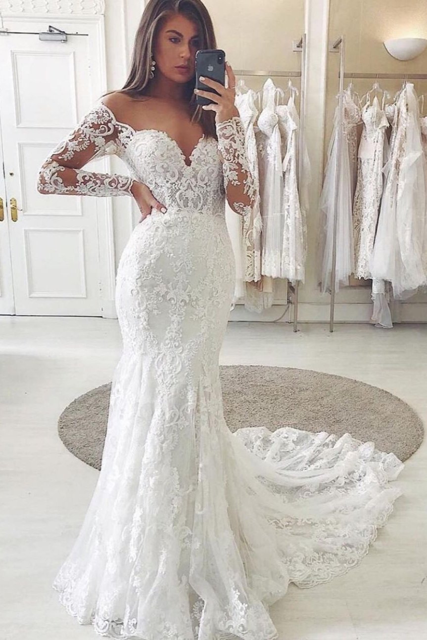 BMbridal Langarm Meerjungfrau Stil Hochzeit Dress Spitze V Ausschnitt Bridal Gowns