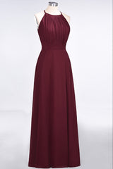 BMbridal Modest Chiffon Jewel Ruffle Burgundy Long Bridesmaid Dresses Online