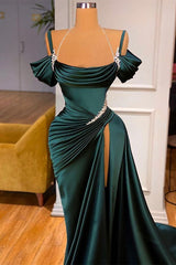BMbridal Dark Green Schulterfrei Prom Dress Meerjungfrau Stil Side Slit
