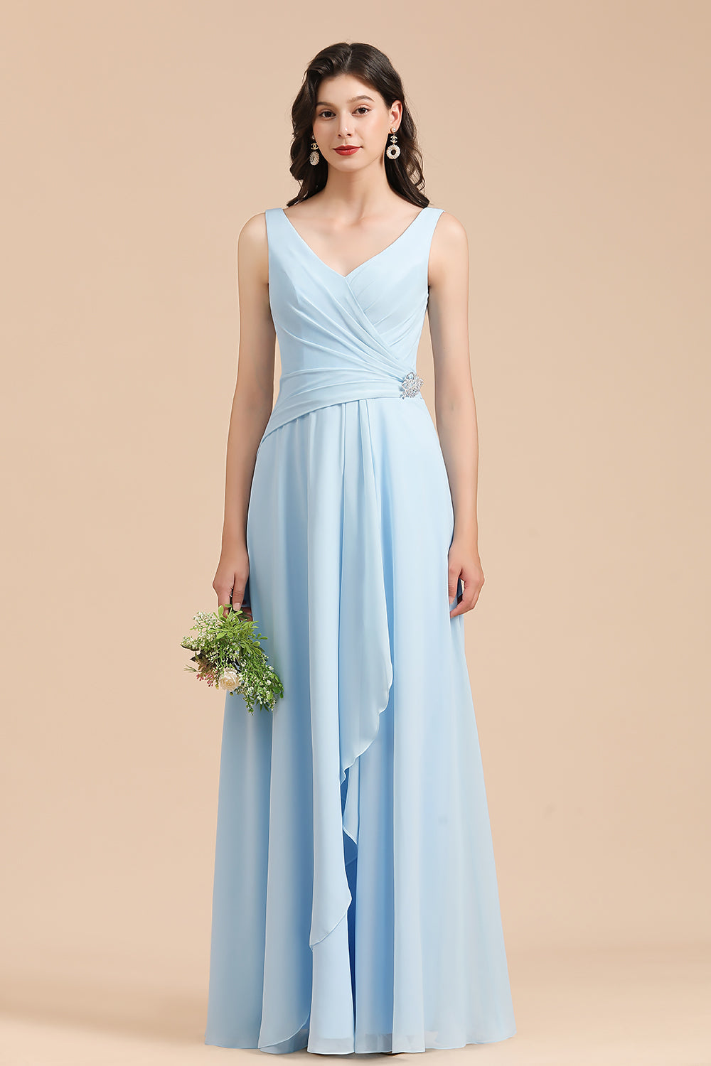 BMbridal Sky Blue Chiffon Long Bridesmaid Dress Geraffte