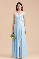 BMbridal Sky Blue Chiffon Long Bridesmaid Dress Geraffte