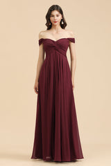 New Arrival A Linie Schulterfrei Herz Ausschnitt Burgundy Long Bridesmaid Dress