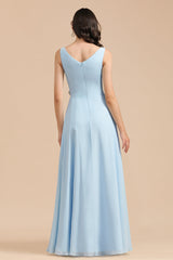 BMbridal Sky Blue Chiffon Long Bridesmaid Dress Geraffte