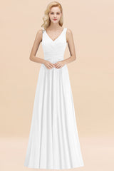 BMbridal Modest Ärmellos V Ausschnitt Long Chiffon Bridesmaid Dress Online with Ruffle