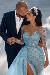 BMbridal Langarm Sky Blue Prom Dresses Meerjungfrau Stil Tüll With Perlens Slit