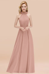 BMbridal Modest High-Neck Neckholder Ruffle Chiffon Bridesmaid Dresses Affordable