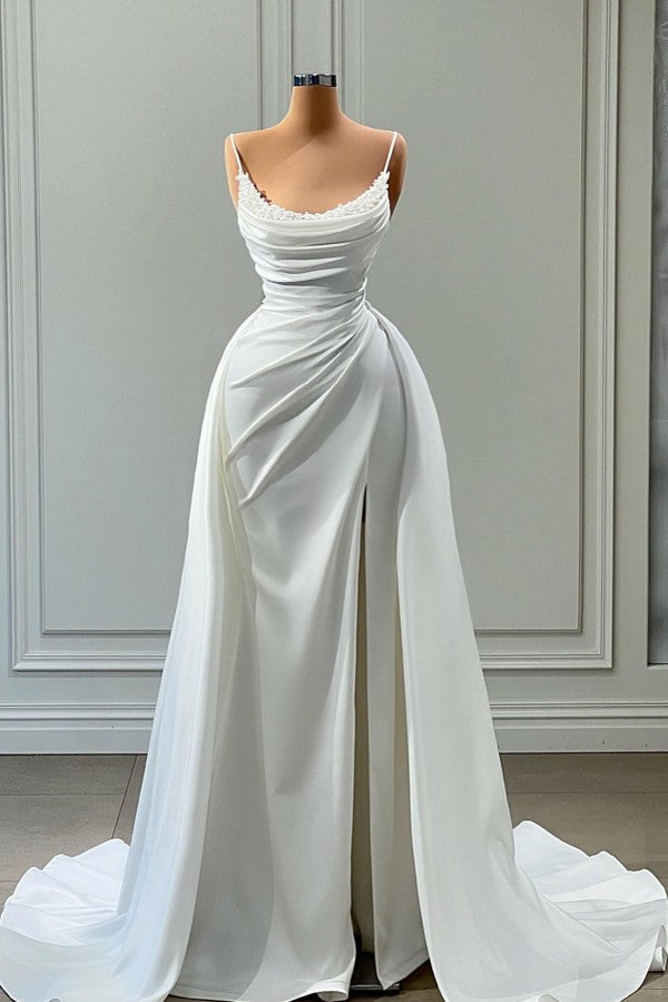 Bmbridal Späghetti-Träger Meerjungfrau Stil Prom Dress White Long With Slit Beads
