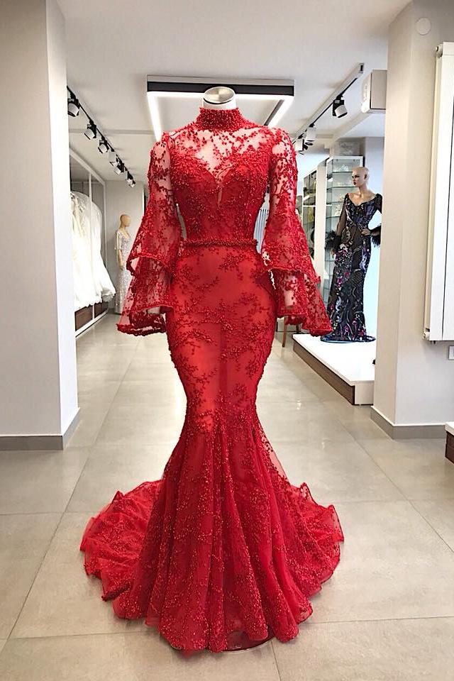 Kaufen Sie Elegante Abendkleider Rot Spitze online bei Thekleid.de. Abiballkleider Lang Mit Ärmel für Sie zum Abiball online.