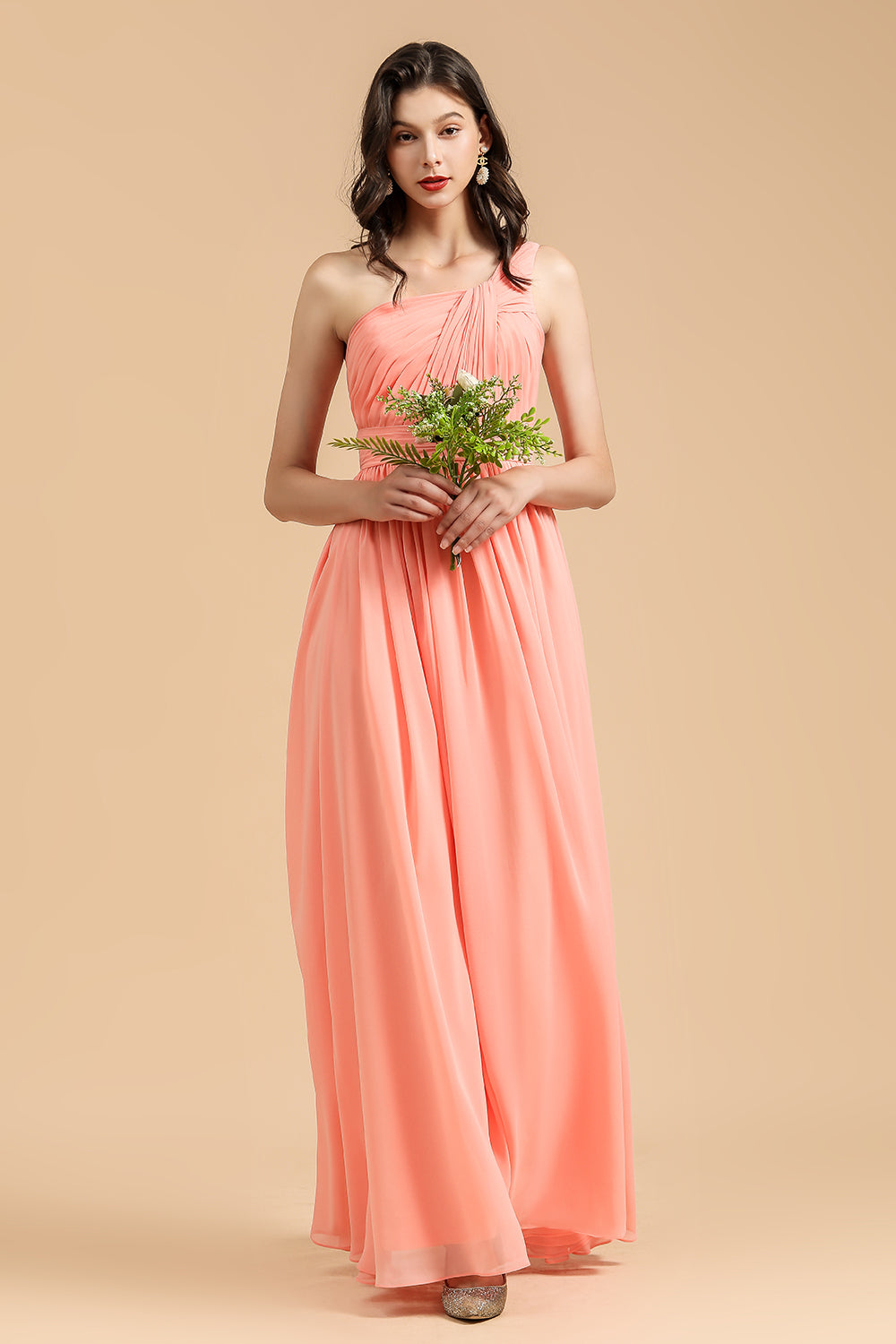 Elegant A Linie Ein Schulter Coral Chiffon Long Bridesmaid Dress