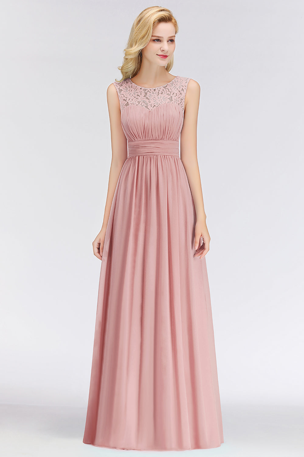 BMbridal Elegant Spitze Löffel Bridesmaid Dress Dusty Rose Chiffon Ärmellos Hochzeit party Dress