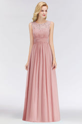 BMbridal Elegant Spitze Löffel Bridesmaid Dress Dusty Rose Chiffon Ärmellos Hochzeit party Dress