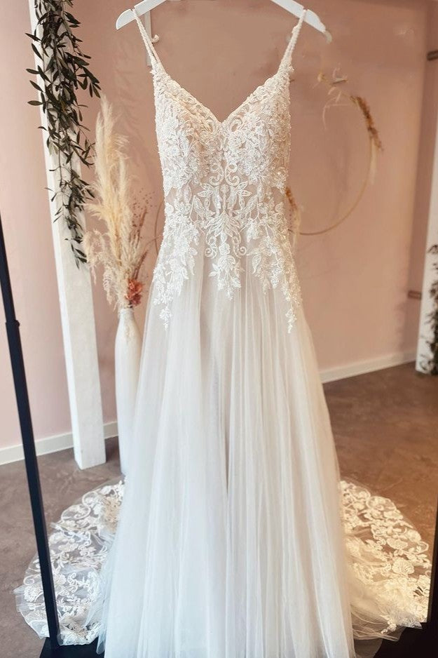 Bmbridal V Ausschnitt Späghetti-Träger Hochzeit Dress Spitze Applikation Online