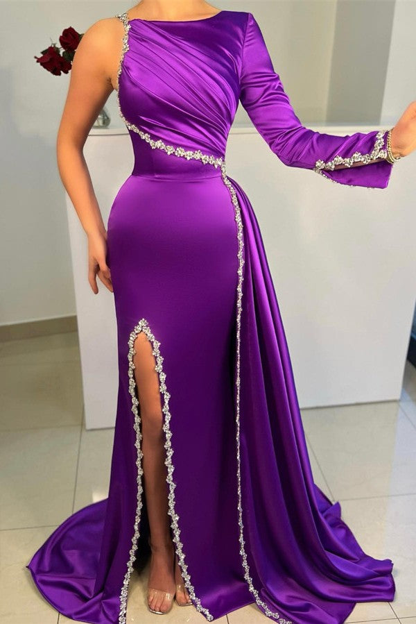 Bmbridal Purple Long Sleeve Ein Schulter Prom Dress Meerjungfrau Stil With Slit