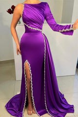 Bmbridal Purple Long Sleeve Ein Schulter Prom Dress Meerjungfrau Stil With Slit