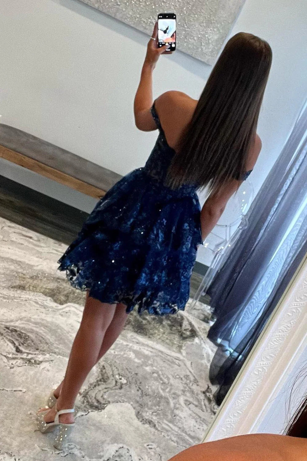 Sparkly Blue Corset Tiered Lace A-Line Homecoming Prom Dress