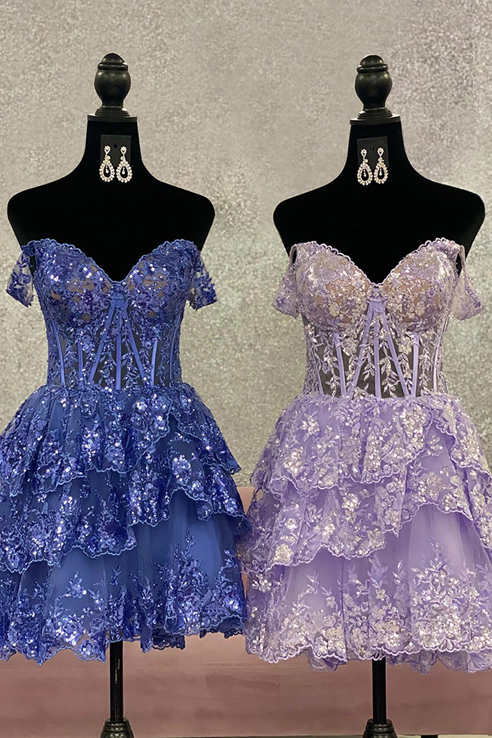 Sparkly Blue Corset Tiered Lace A-Line Homecoming Prom Dress