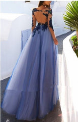 Blue Evening Dresses Long with Sleeves Prom Dresses with Lace