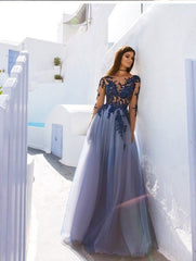 Blue Evening Dresses Long with Sleeves Prom Dresses with Lace