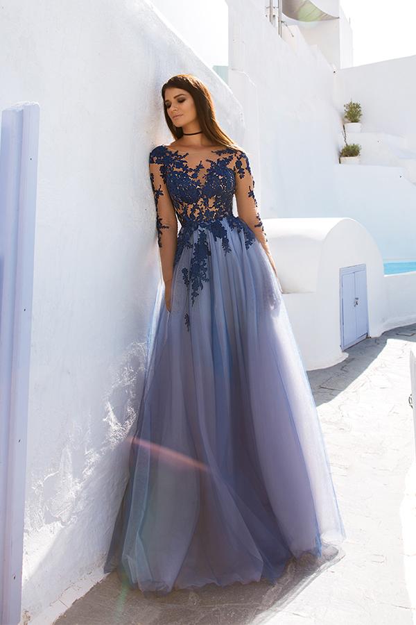 Blue Evening Dresses Long with Sleeves Prom Dresses with Lace