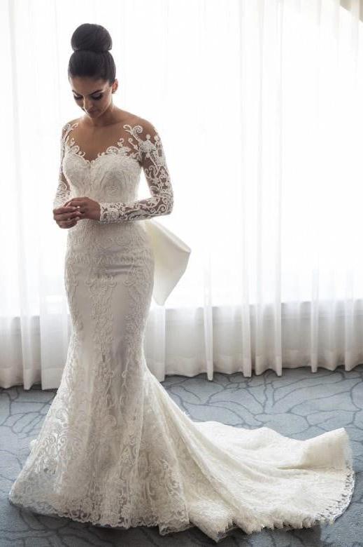 Designer White Wedding Dresses Lace With Sleeves A Line Bridal Gowns Cheap