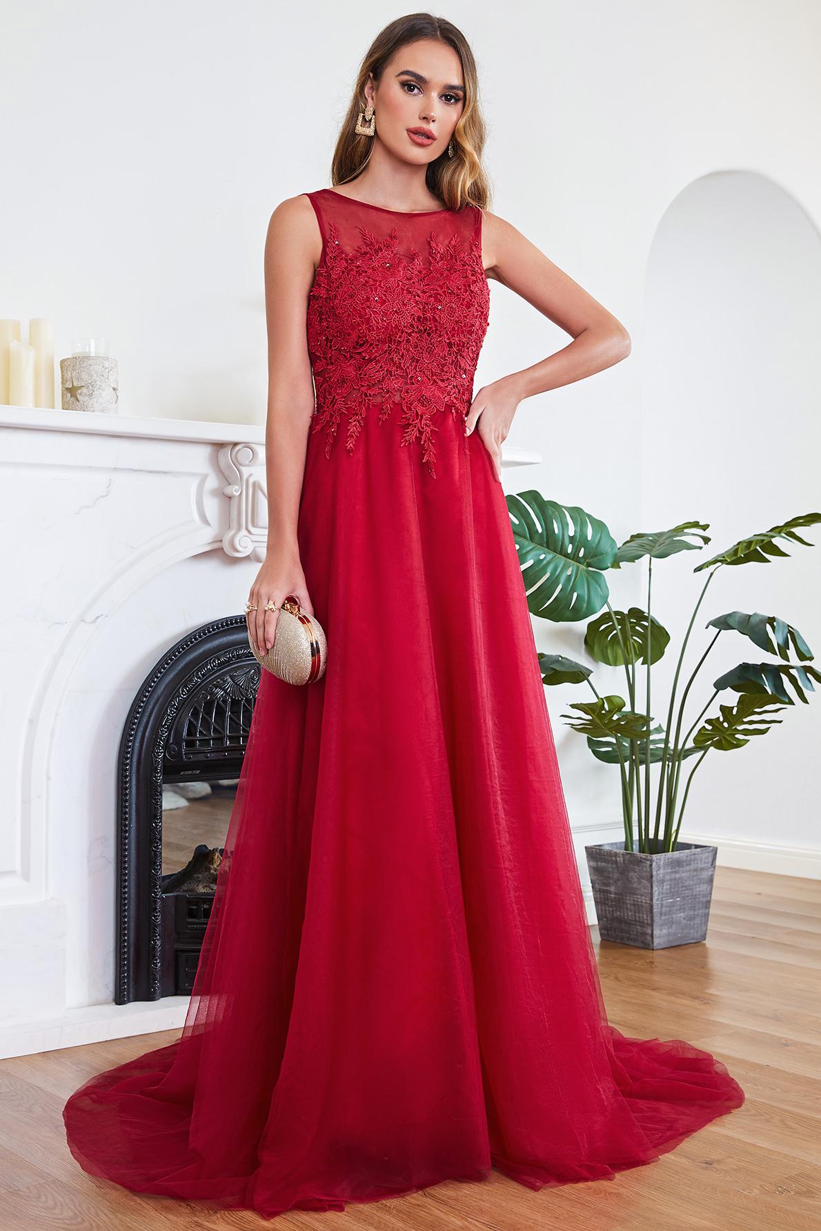 Red Evening Dresses Long Simple Prom Dresses with Lace