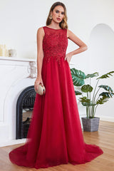 Red Evening Dresses Long Simple Prom Dresses with Lace