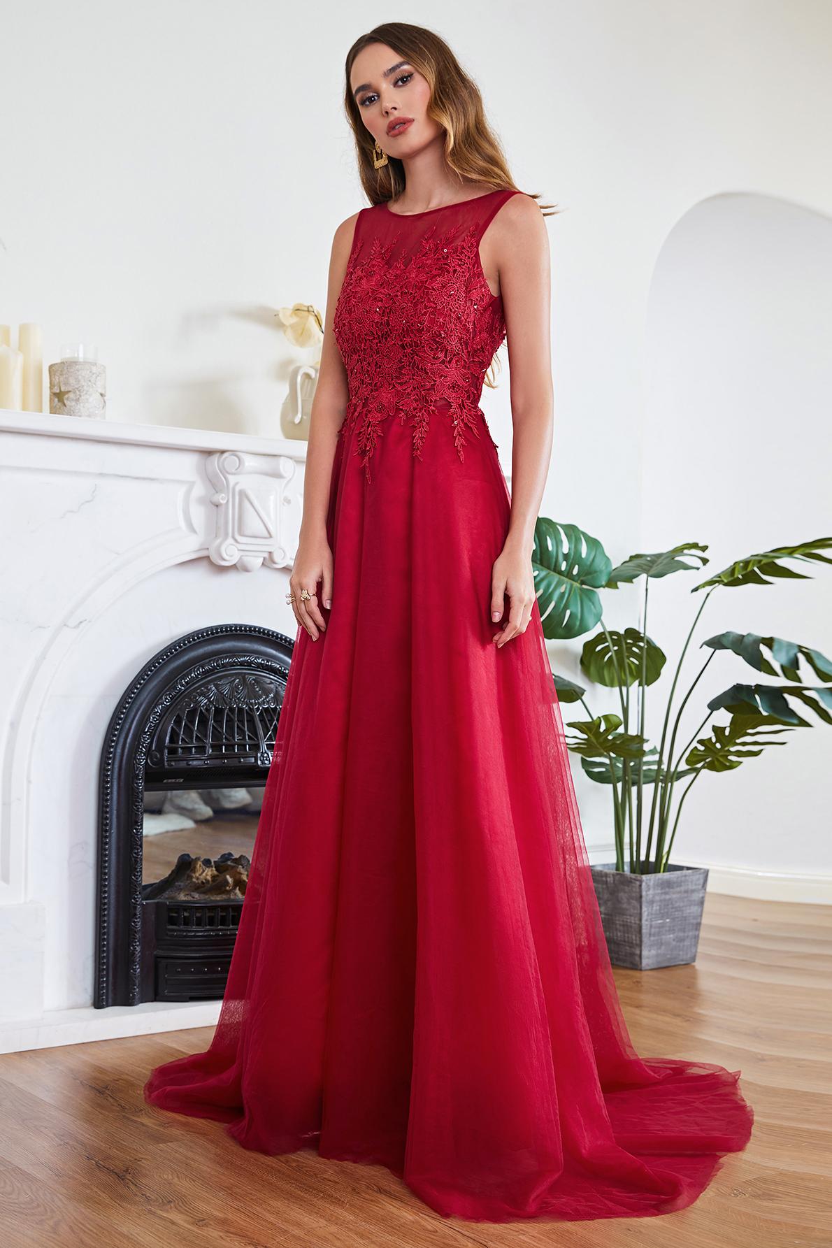 Red Evening Dresses Long Simple Prom Dresses with Lace