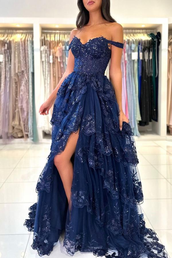 Fashion Evening Dresses Long Navy Blue Lace Prom Dresses Cheap