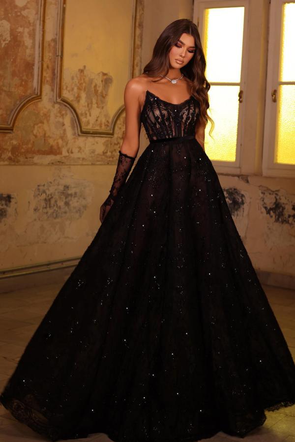 Elegant Evening Dresses Long Black Lace Prom Dresses Glitter