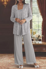 3 Piece Mother of the Bride Dresses Silver Pantsuits Mother of the Bride Chiffon