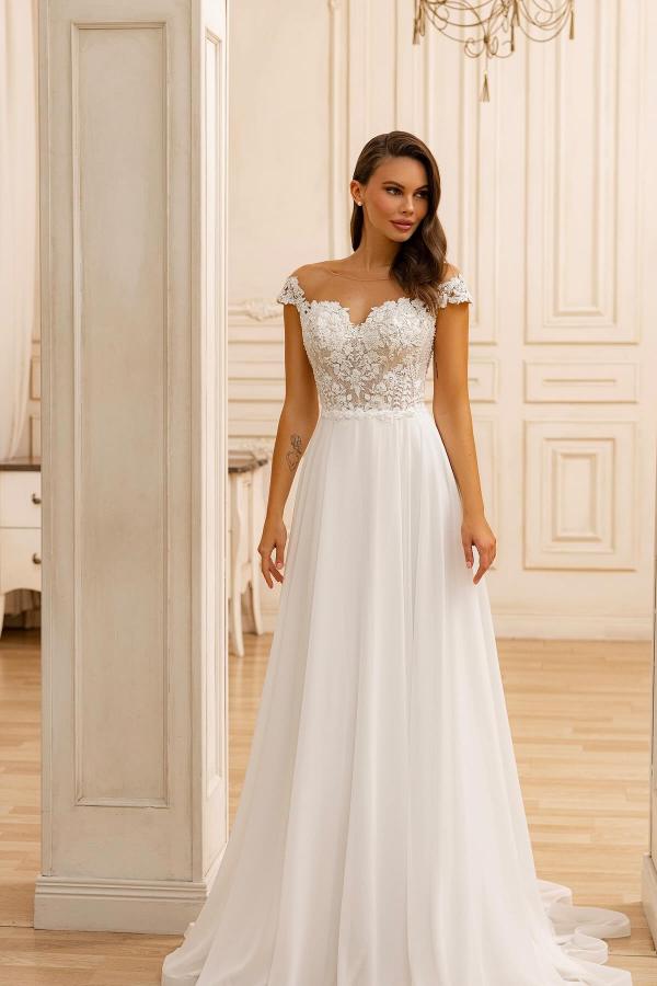 Schlichte Brautkleider Spitze A Linie Hochzeitskleider Lang Chiffon BMbridal.de