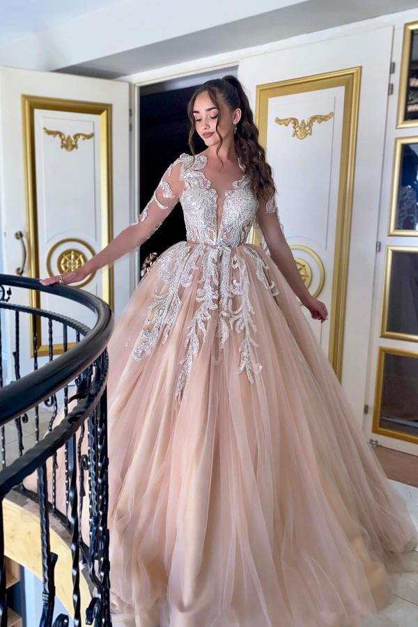 Elegante Hochzeitskleider Spitze Pailletten Bruatkleid Prinzessin Mit Ärmel BMbridal.de