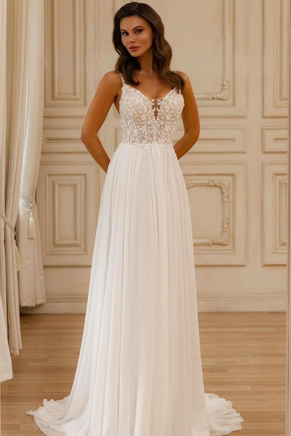Elegante Brautkleider Lang Chiffon Hochzeitskleider mit Spitze BMbridal.de