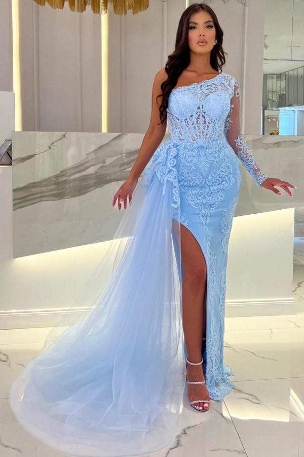 Fashion Evening Dresses Long Blue Lace Prom Dresses with Sleeves