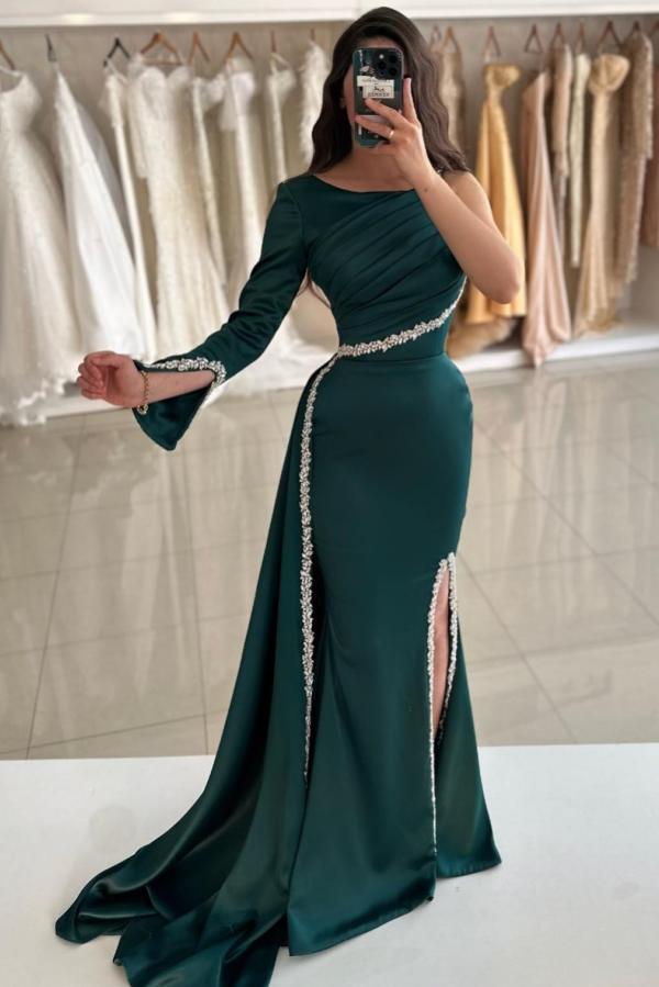 Designer Evening Dresses Long Dark Green Prom Dresses with Sleeves