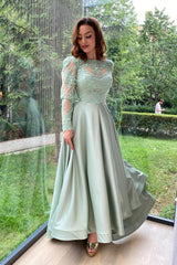 Mint Green Evening Dresses Calf Length Prom Dresses with Sleeves