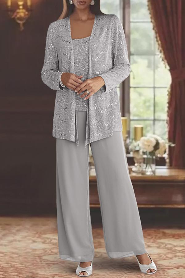 Graue Hosenanzüge Lang Chiffon Kleider für Brautmutter Pailletten BMbridal.de