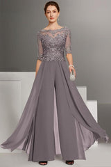 Festive Pantsuits Long Chiffon Mother of the Bride Dresses Lace with Sleeves