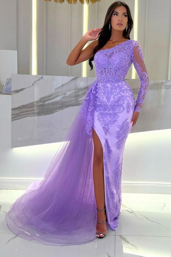 Lilac Evening Dresses Long Lace Prom Dresses with Sleeves