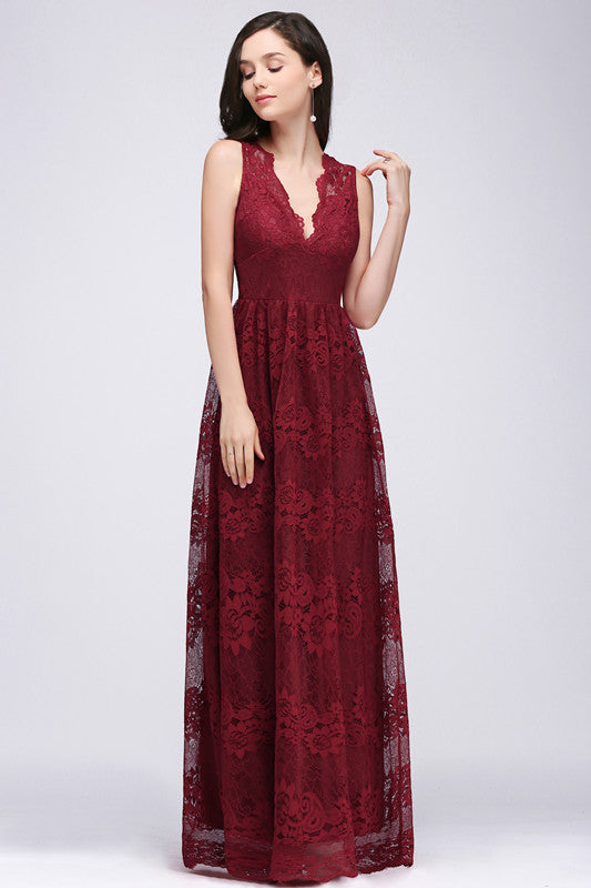 Elegant Wine Red Evening Dresses Long Lace Prom Dresses Online