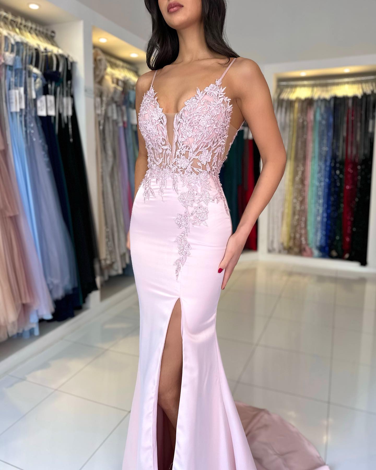 Rosa Abendkleider Lang Elegant Ballkleider Spitze Abiballkleider Günstig BMbridal.de