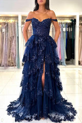 Fashion Evening Dresses Long Navy Blue Lace Prom Dresses Cheap