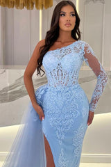 Fashion Evening Dresses Long Blue Lace Prom Dresses with Sleeves