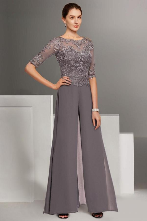 Festive Pantsuits Long Chiffon Mother of the Bride Dresses Lace with Sleeves