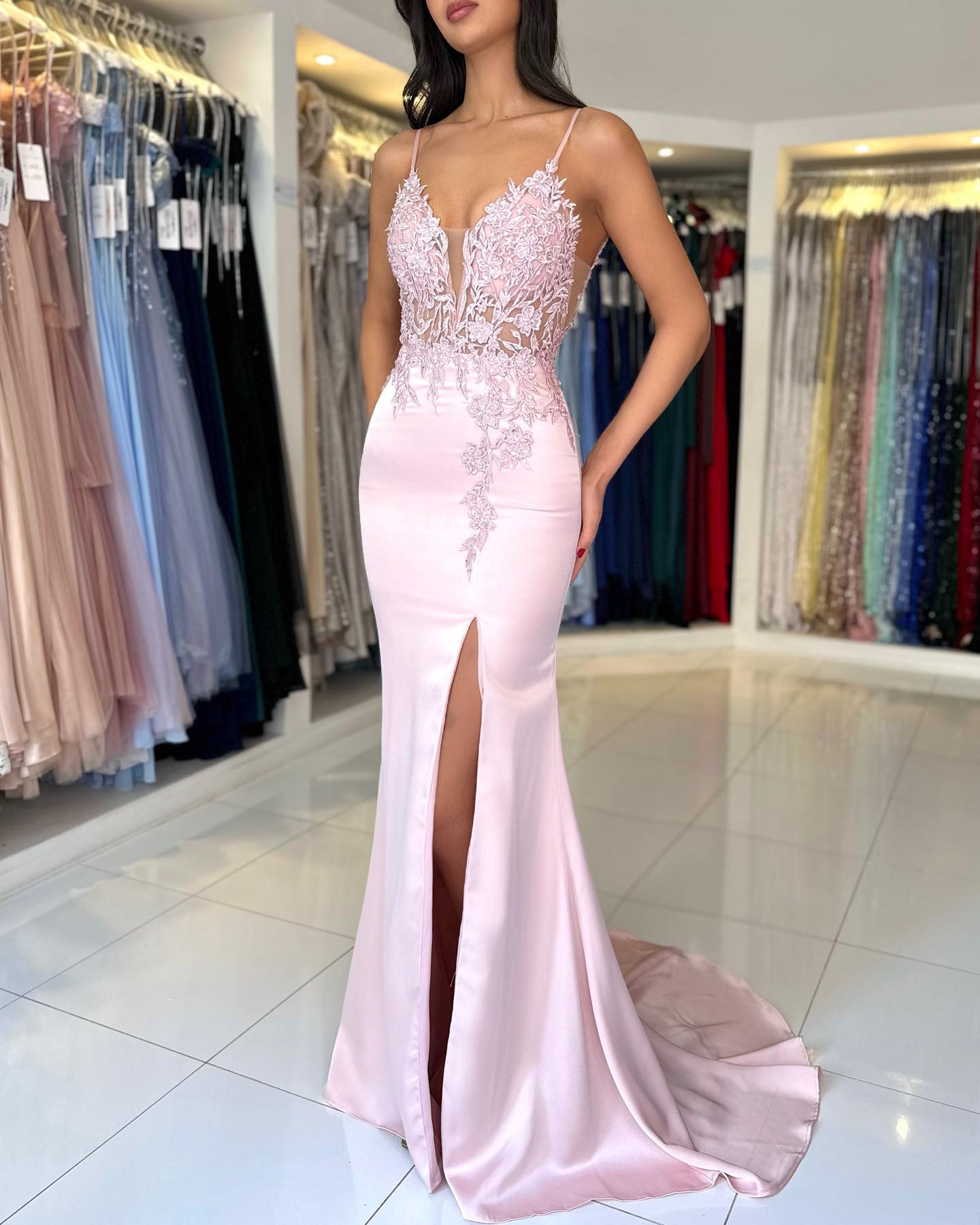 Rosa Abendkleider Lang Elegant Ballkleider Spitze Abiballkleider Günstig BMbridal.de