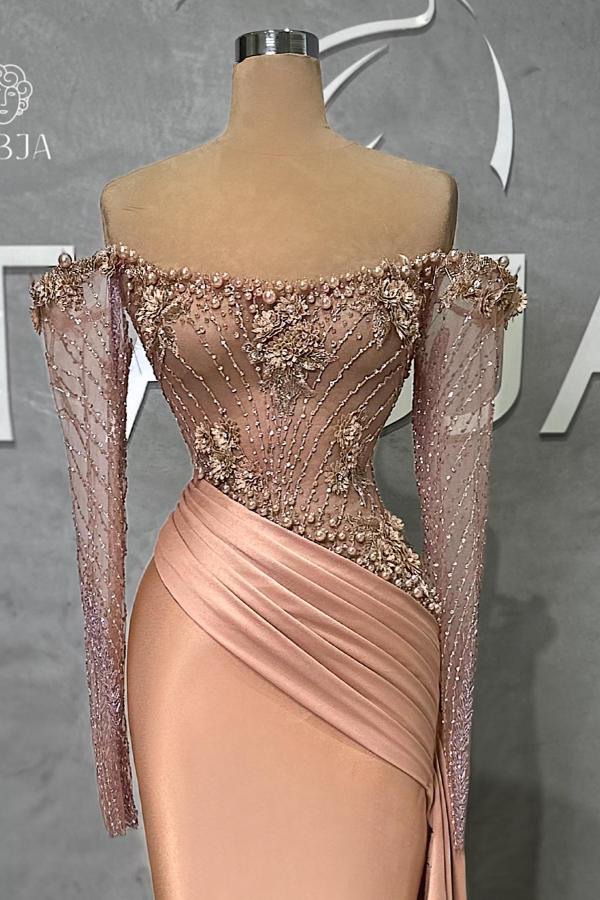 Schöne Rosa Abendkleider Perlen Ballkleider Mit Ärmel Abiballkleider Günstig BMbridal.de
