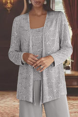 Graue Hosenanzüge Lang Chiffon Kleider für Brautmutter Pailletten BMbridal.de